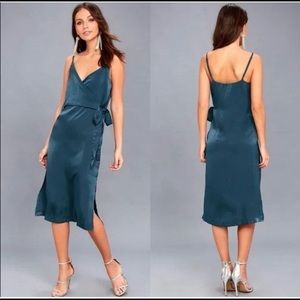 J.O.A. Teal Satin Midi Wrap Dress